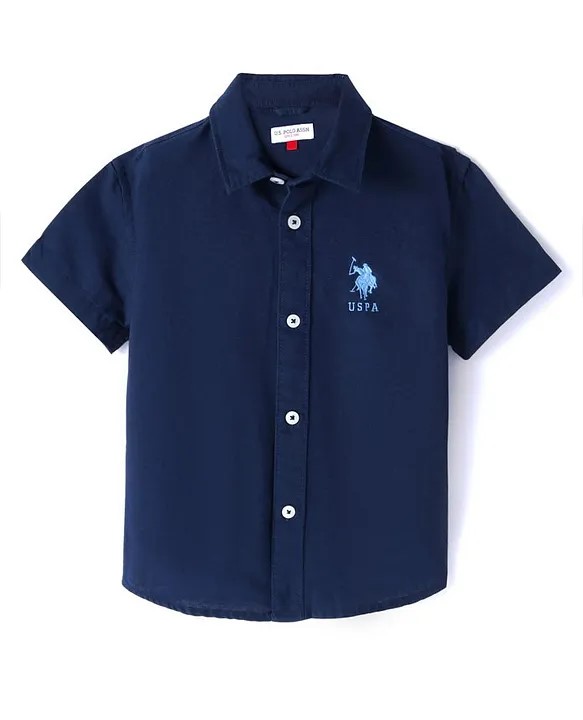 US Polo Assn Cotton Knit Half Sleeves Solid Shirt with Brand Text Embroidery - Navy Blue